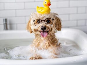 ai generated, dog, bath, rubber duckie, glasses, bathtub, happy, playful, cute, soap, water, bathroom, pet, animal, smile, fun, joy, cheerful, bathing, nature, bath time